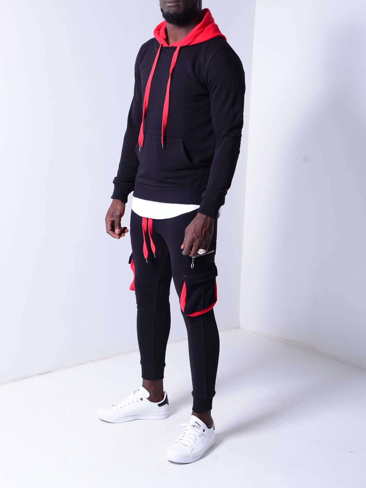 Black Hooded Tracksuit Cargo Pockets 4169