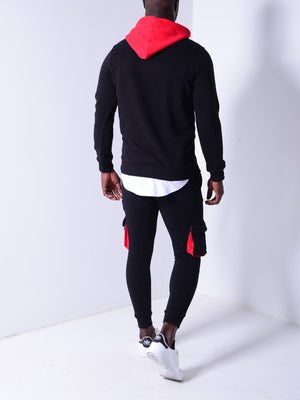 Black Hooded Tracksuit Cargo Pockets 4169