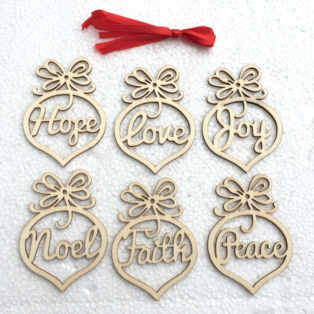 6Pcs Merry Christmas Decorations Wooden Hollow