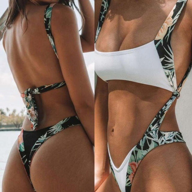 Alluring Women Bodysuit Print Hollow Out Push-Up