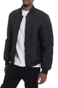 DIAGONAL QUILT BOMBER- BLACK