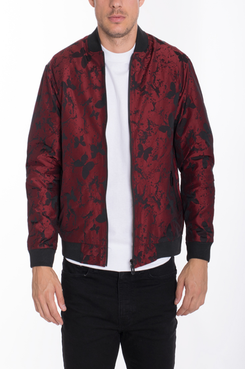 BUTTERFLY PRINTED BOMBER- BURGUNDY