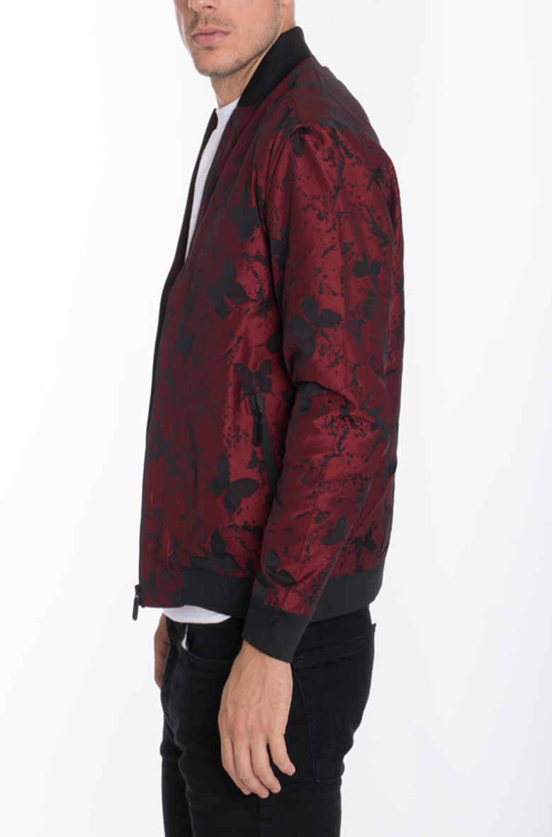 BUTTERFLY PRINTED BOMBER- BURGUNDY