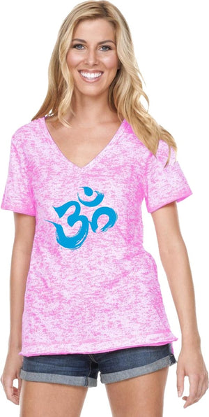 Aqua Brushstroke AUM Burnout V-neck Yoga Tee Shirt