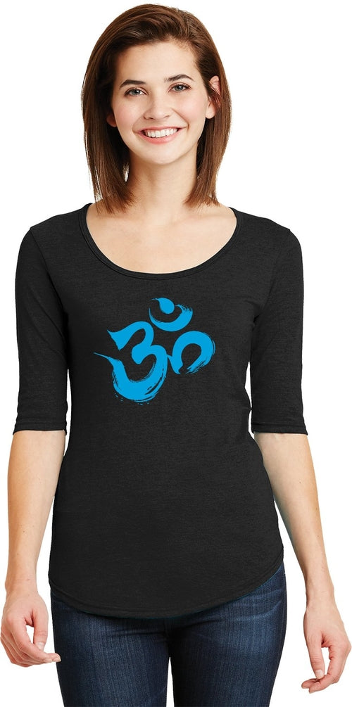 Aqua Brushstroke AUM 3/4 Sleeve Scoopneck Yoga Tee