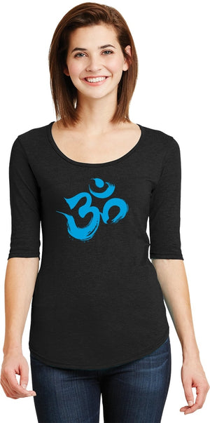 Aqua Brushstroke AUM 3/4 Sleeve Scoopneck Yoga Tee