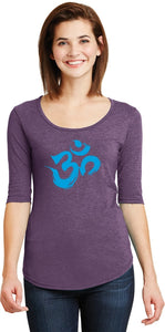 Aqua Brushstroke AUM 3/4 Sleeve Scoopneck Yoga Tee