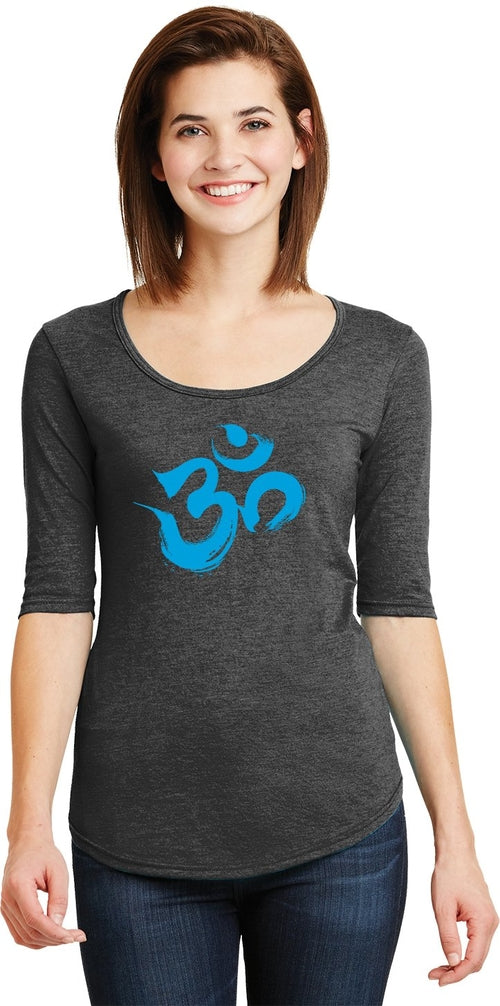 Aqua Brushstroke AUM 3/4 Sleeve Scoopneck Yoga Tee