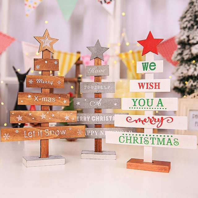 Mini Wooden Merry Christmas Tree Desk Table Decor