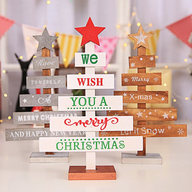 Mini Wooden Merry Christmas Tree Desk Table Decor