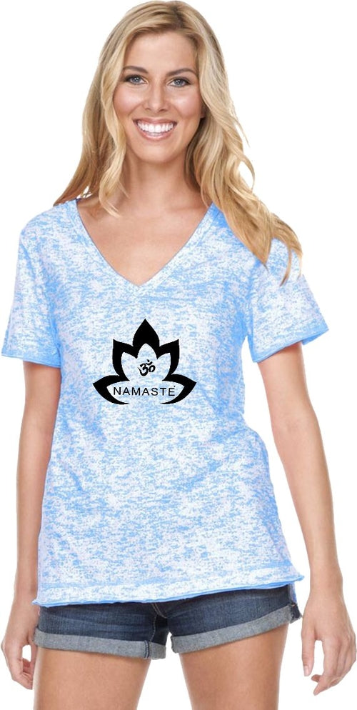 Black Namaste Lotus Burnout V-neck Yoga Tee Shirt