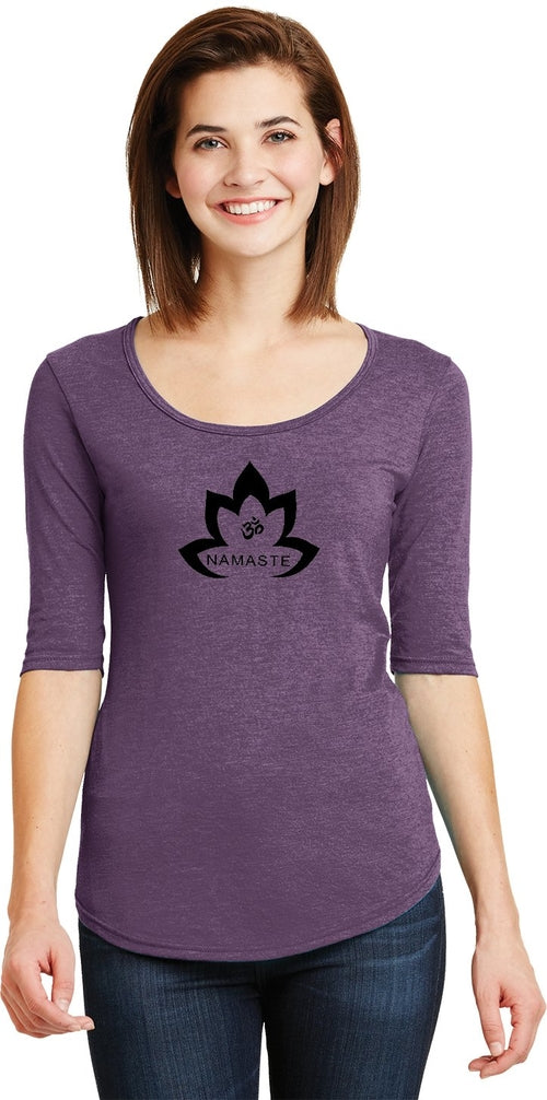 Black Namaste Lotus 3/4 Sleeve Scoopneck Yoga Tee