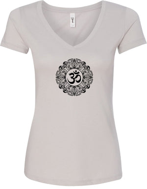 Black Ornate OM Ideal V-neck Yoga Tee Shirt