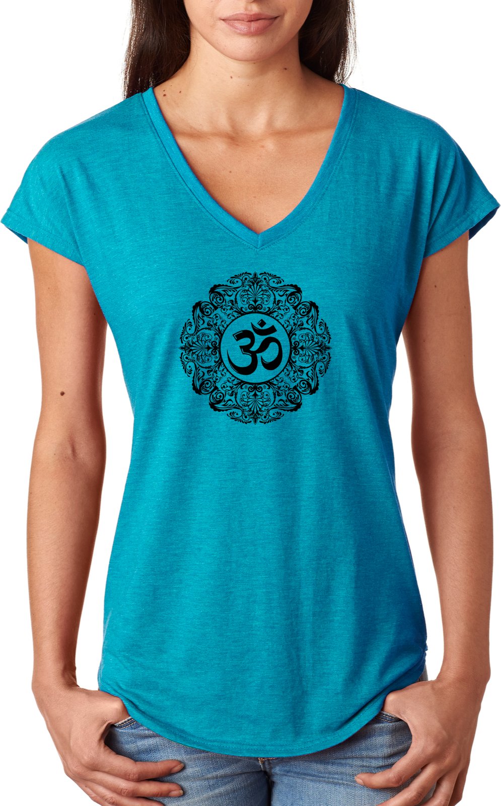 Black Ornate OM Triblend V-neck Yoga Tee Shirt