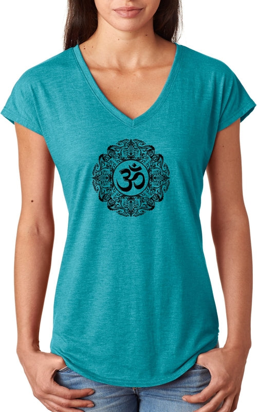 Black Ornate OM Triblend V-neck Yoga Tee Shirt