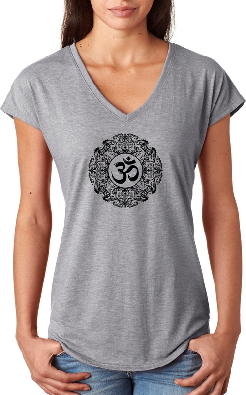 Black Ornate OM Triblend V-neck Yoga Tee Shirt