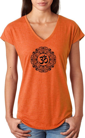 Black Ornate OM Triblend V-neck Yoga Tee Shirt