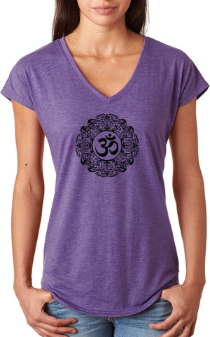 Black Ornate OM Triblend V-neck Yoga Tee Shirt