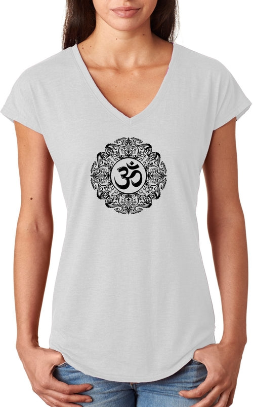 Black Ornate OM Triblend V-neck Yoga Tee Shirt