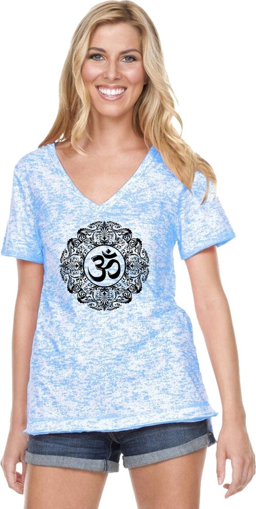 Black Ornate OM Burnout V-neck Yoga Tee Shirt