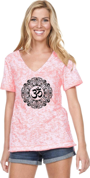 Black Ornate OM Burnout V-neck Yoga Tee Shirt