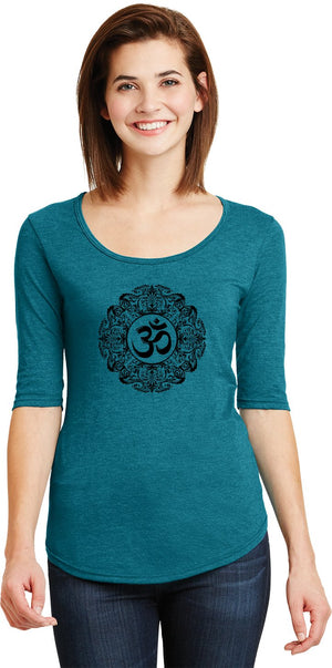 Black Ornate OM 3/4 Sleeve Scoopneck Yoga Tee