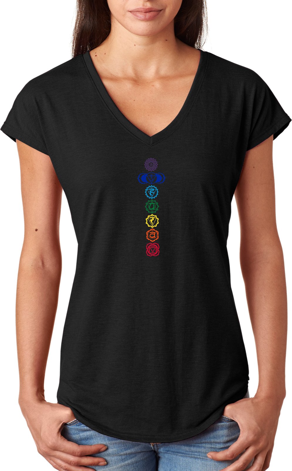 Colored Chakras Triblend V-neck Yoga Tee Shirt