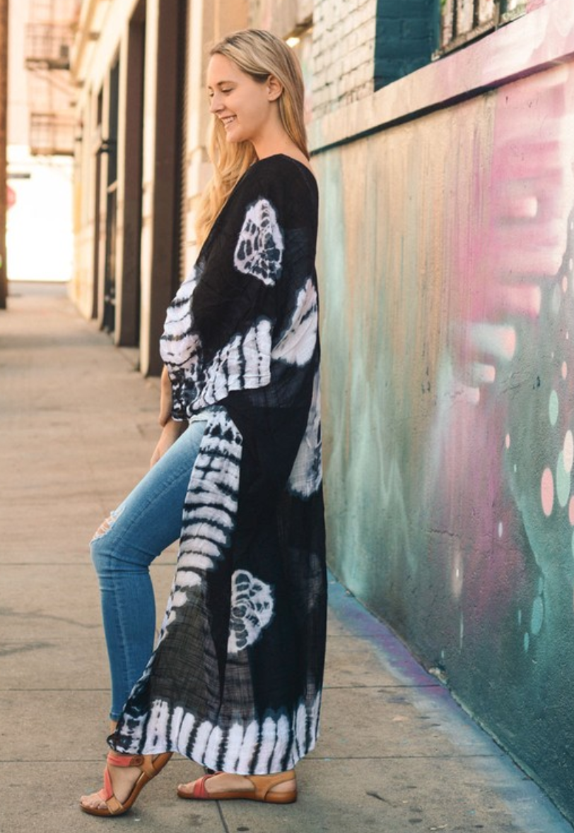 Black & White Tie Dye Long Yoga Kimono