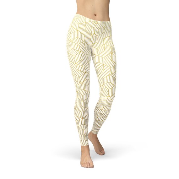 Womens White Leggings w/ Geometric Cubes